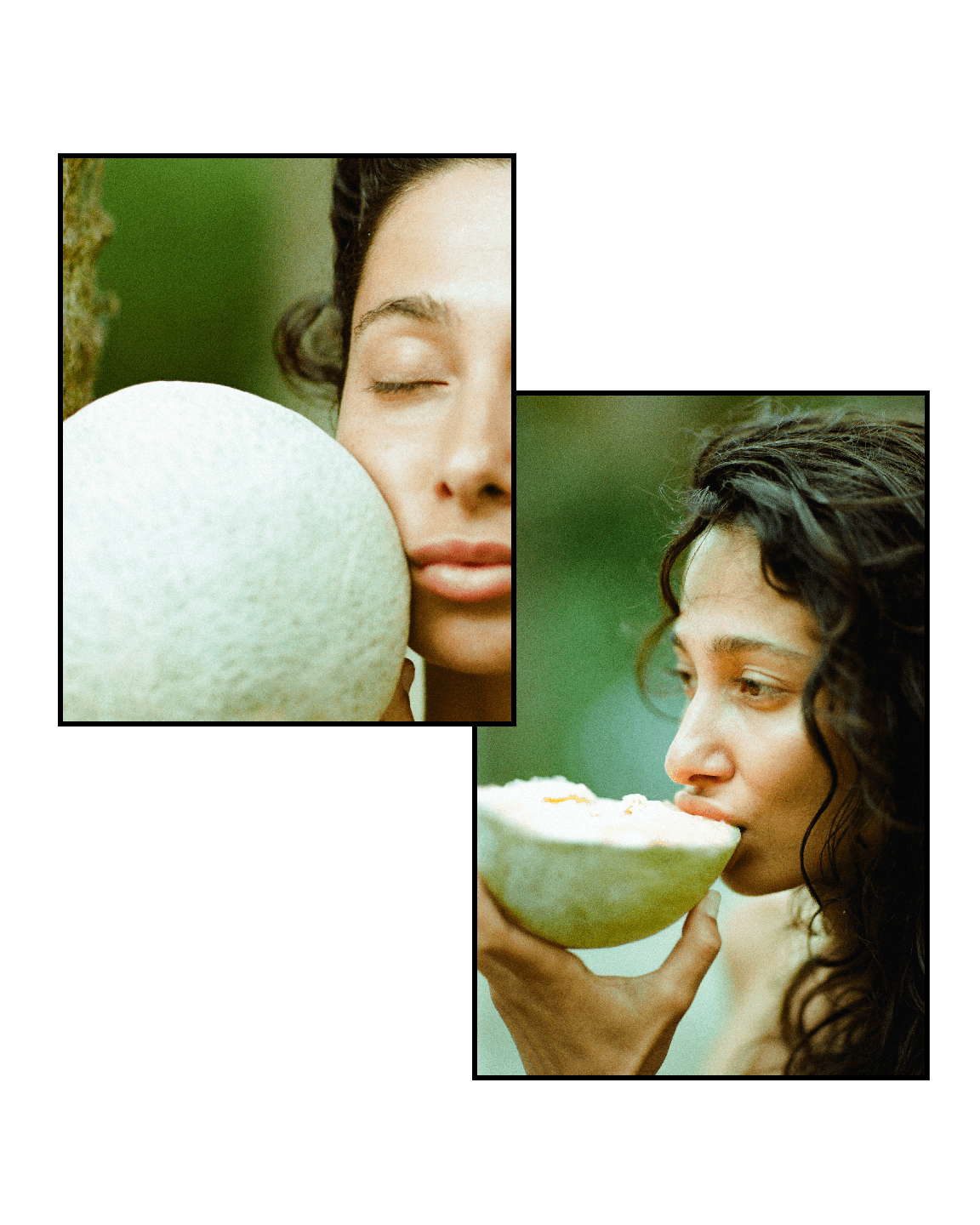 A woman is shown in two close-up images, one with her eyes closed and her face resting on a melon, and the other with her eating a melon.