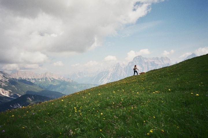 A woman walks a dog up a grassy hill dotted with yellow flowers, with mountains and clouds in the background.