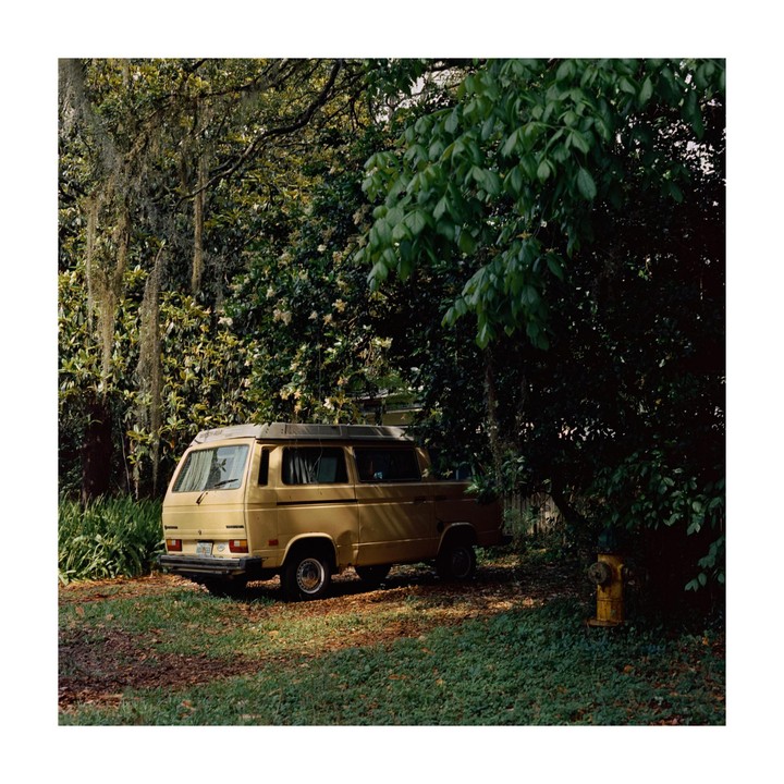 A yellow van is parked on a grassy area next to a fire hydrant, surrounded by trees and foliage.