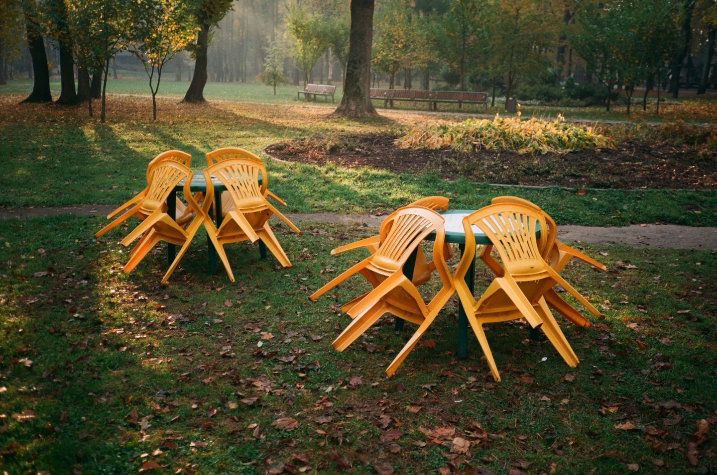 Two green tables with orange plastic chairs stacked on top are set on a grassy area with fallen leaves in a park.