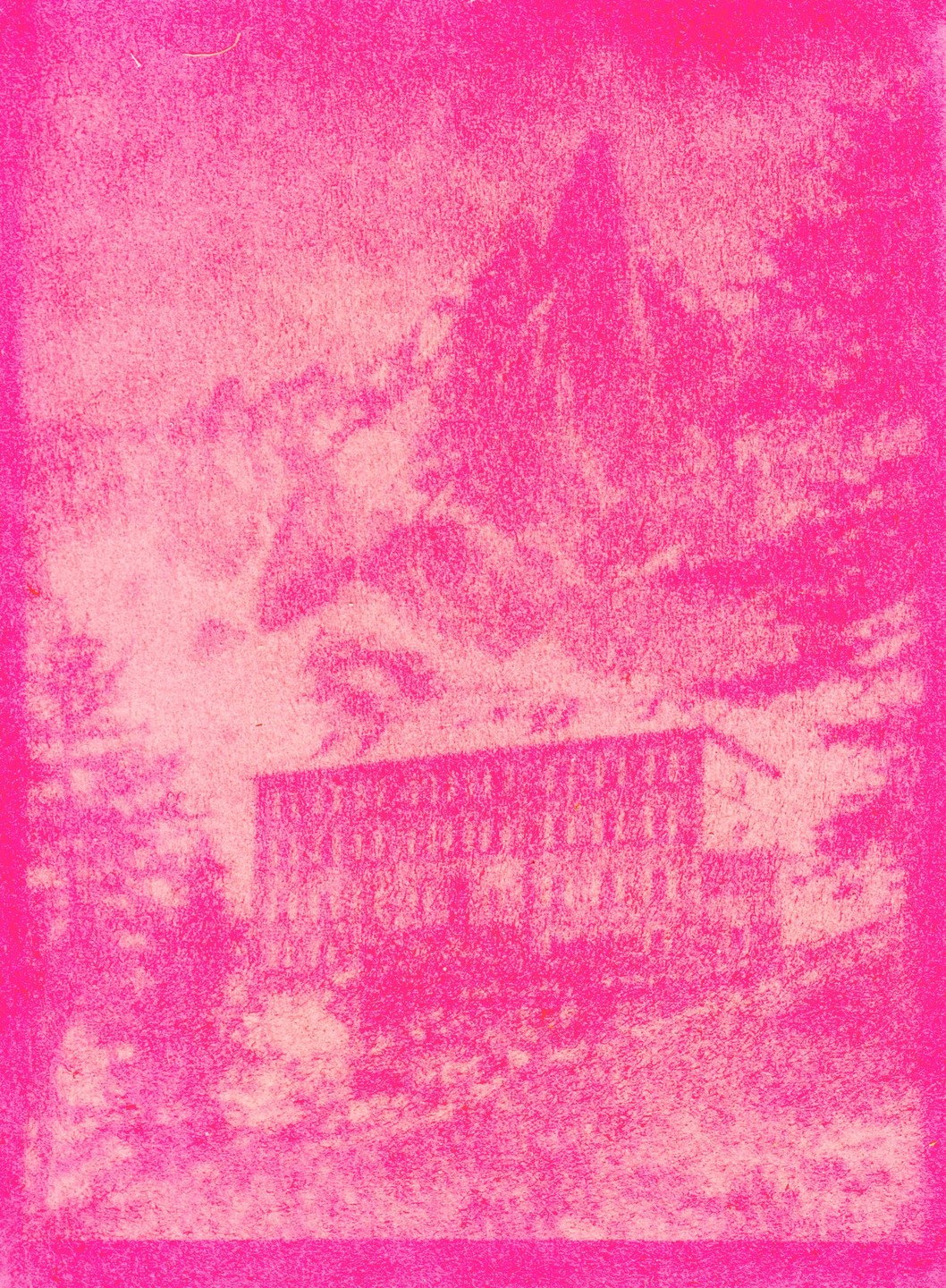 A building is visible through a dense, textured, all-pink filter.