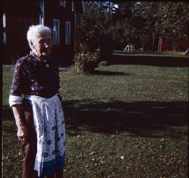 An elderly woman with white hair and glasses stands in a grassy yard wearing a patterned shirt and apron.
