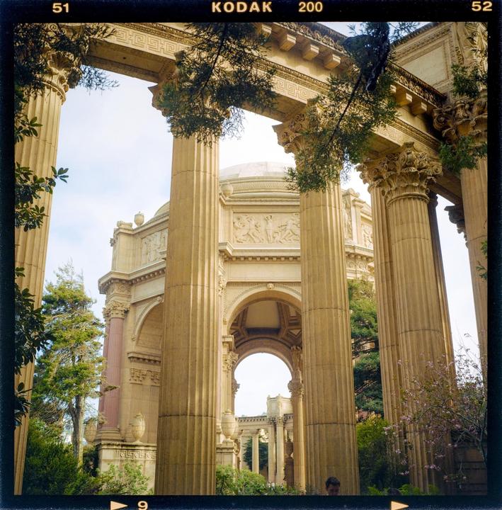 A grand classical building with a large dome and many columns is framed by trees and more columns.