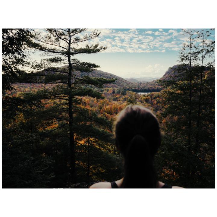 A woman looks out over a valley filled with autumn trees and a distant lake under a cloudy sky.
