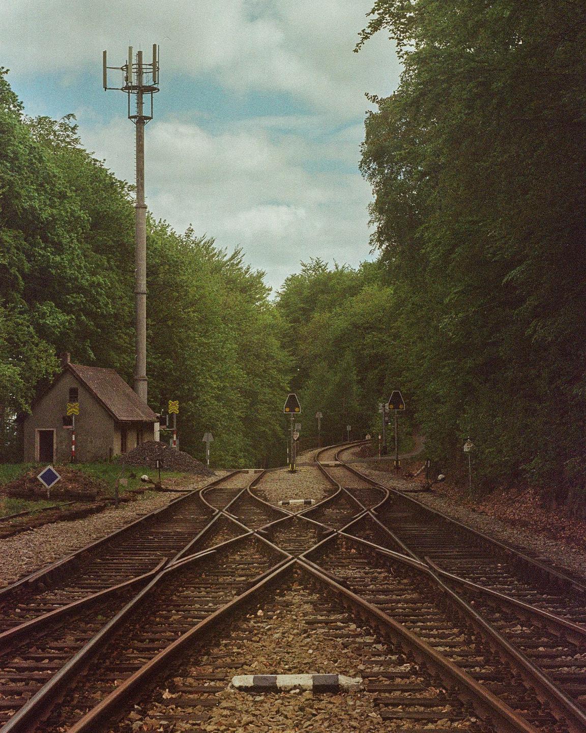 A network of railroad tracks curves through a lush green forest, with a small building and a tall antenna tower visible beside the tracks.