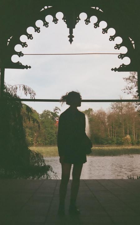 A woman stands silhouetted in an ornate archway, looking out over a body of water with trees and a fountain in the distance.