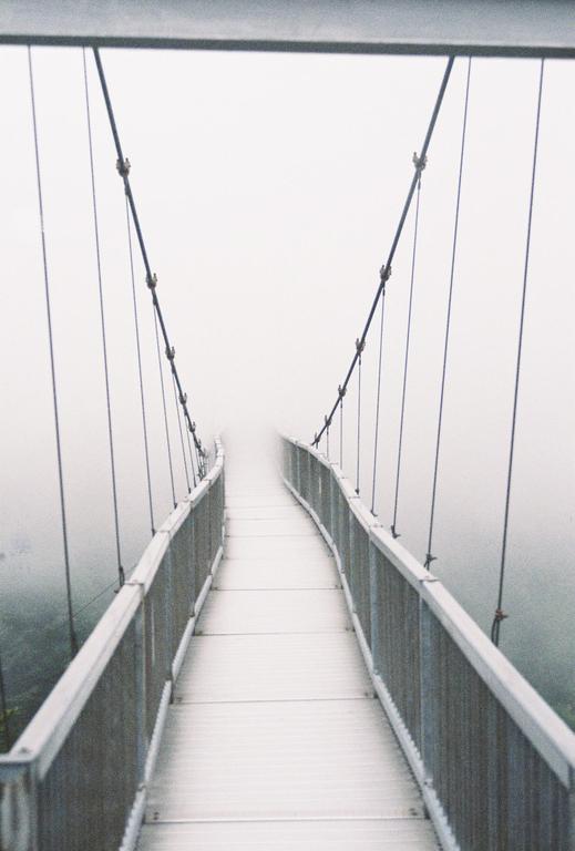 A suspension bridge extends into a thick fog, obscuring its end.