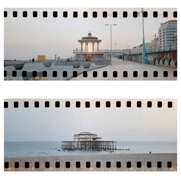 Two images show a gazebo on a promenade and a ruined pier on a beach.