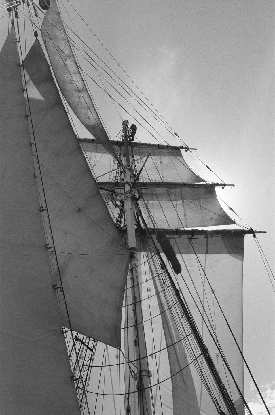 Two men are visible high up on the mast of a sailboat with many sails and ropes.