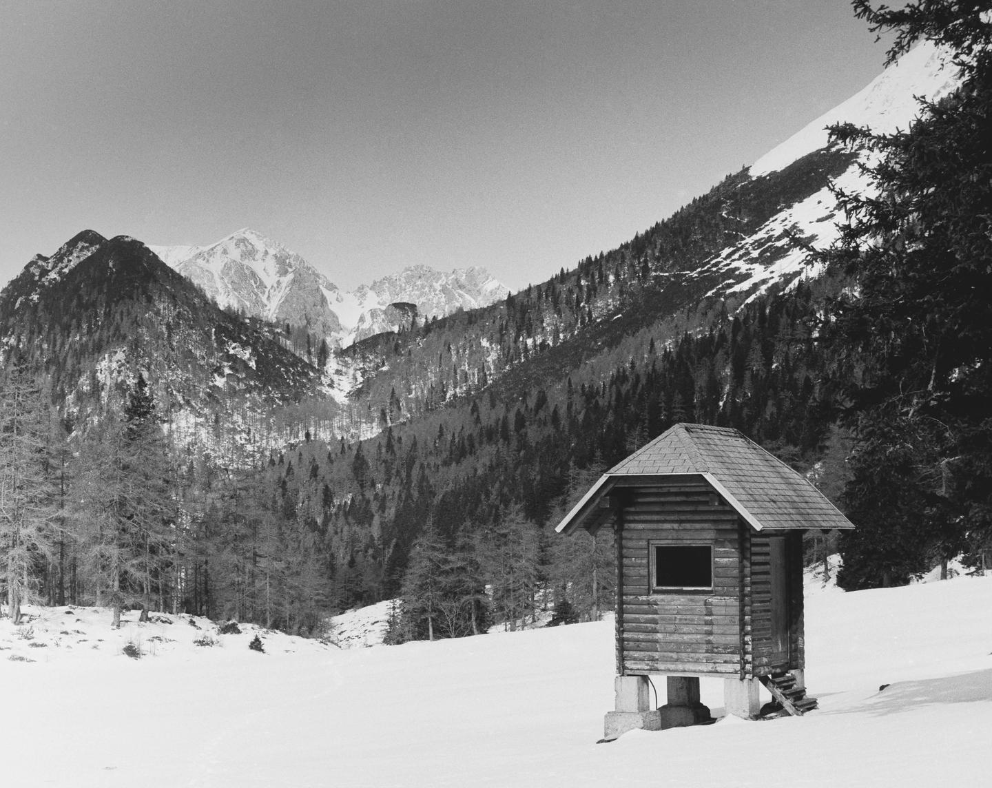 A small wooden cabin stands in a snowy field with a forest and mountains in the background.