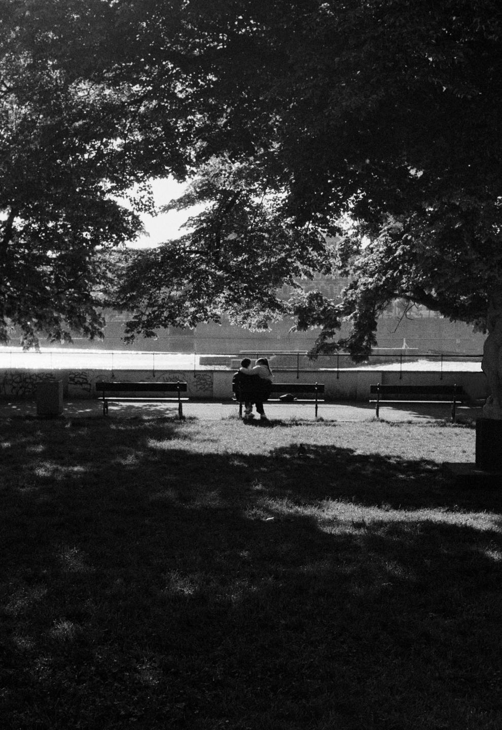 A couple sits on a park bench under the shade of large trees next to a body of water.
