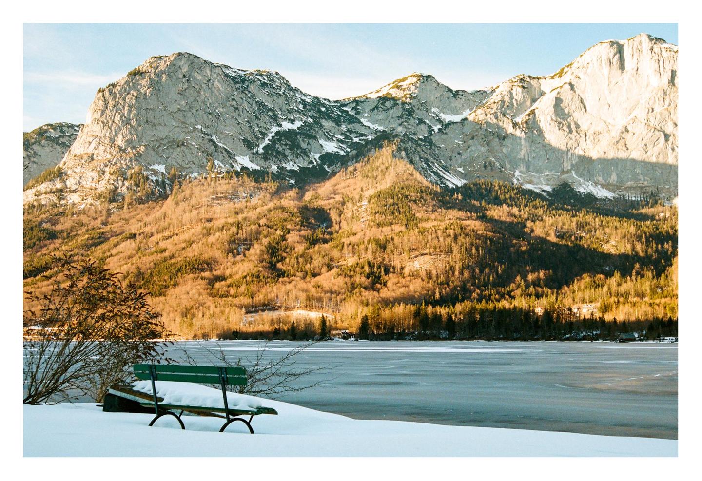 A green bench sits in the snow next to a frozen lake with mountains and trees in the background.