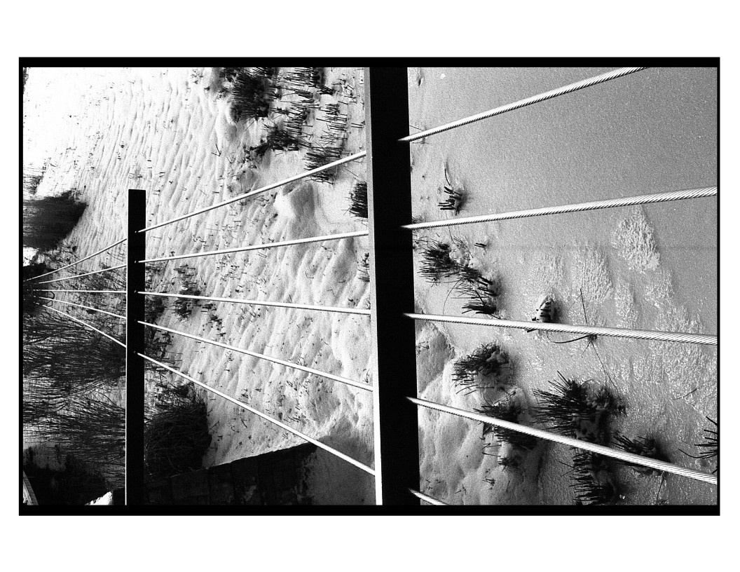 A black and white image shows a fence with multiple wires running horizontally across a sandy beach with some vegetation.