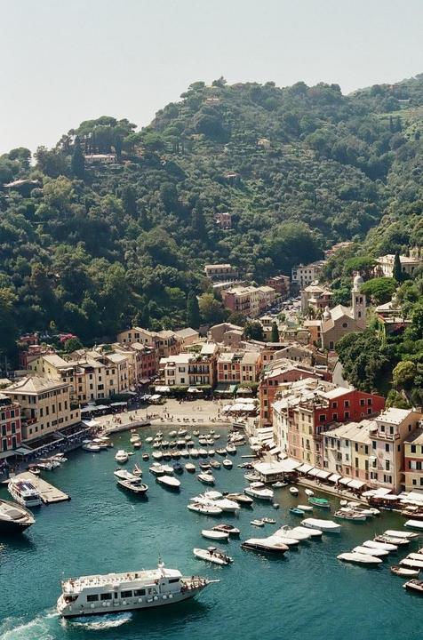 A small town with colorful buildings and a harbor filled with boats is nestled at the base of a lush, green mountain.