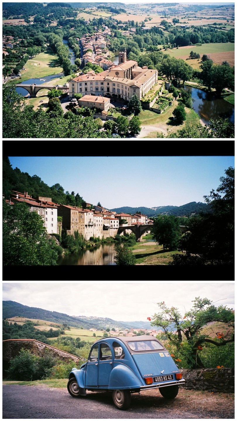 Three landscape images show a village with a large building and a river, a village along a river with a bridge, and a blue car parked on a hill overlooking a valley.