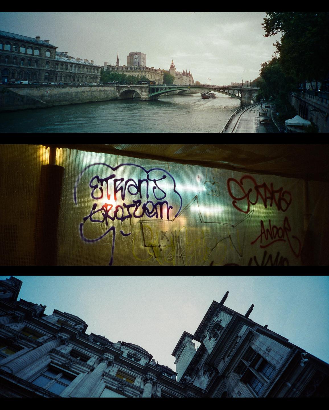 Three distinct images are presented together: a river with a bridge and buildings, a window covered in graffiti, and a low-angle view of a building against the sky.