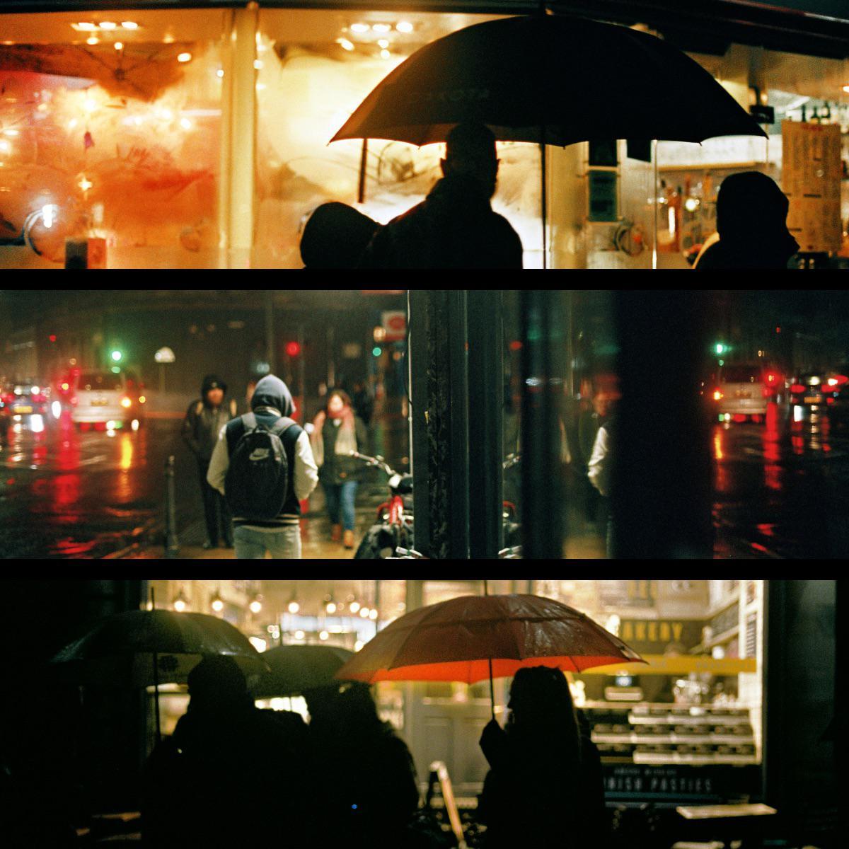 Three frames show people with umbrellas on a rainy street at night, with reflections of car lights on the wet ground.