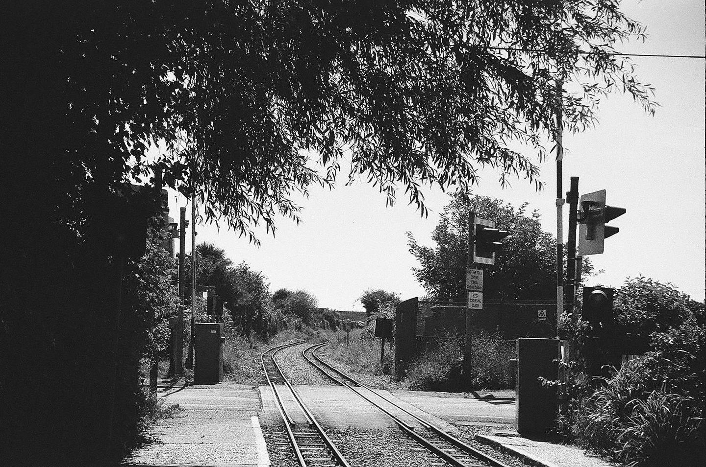 A black and white photograph shows train tracks curving into the distance at a station, with trees and traffic lights visible.