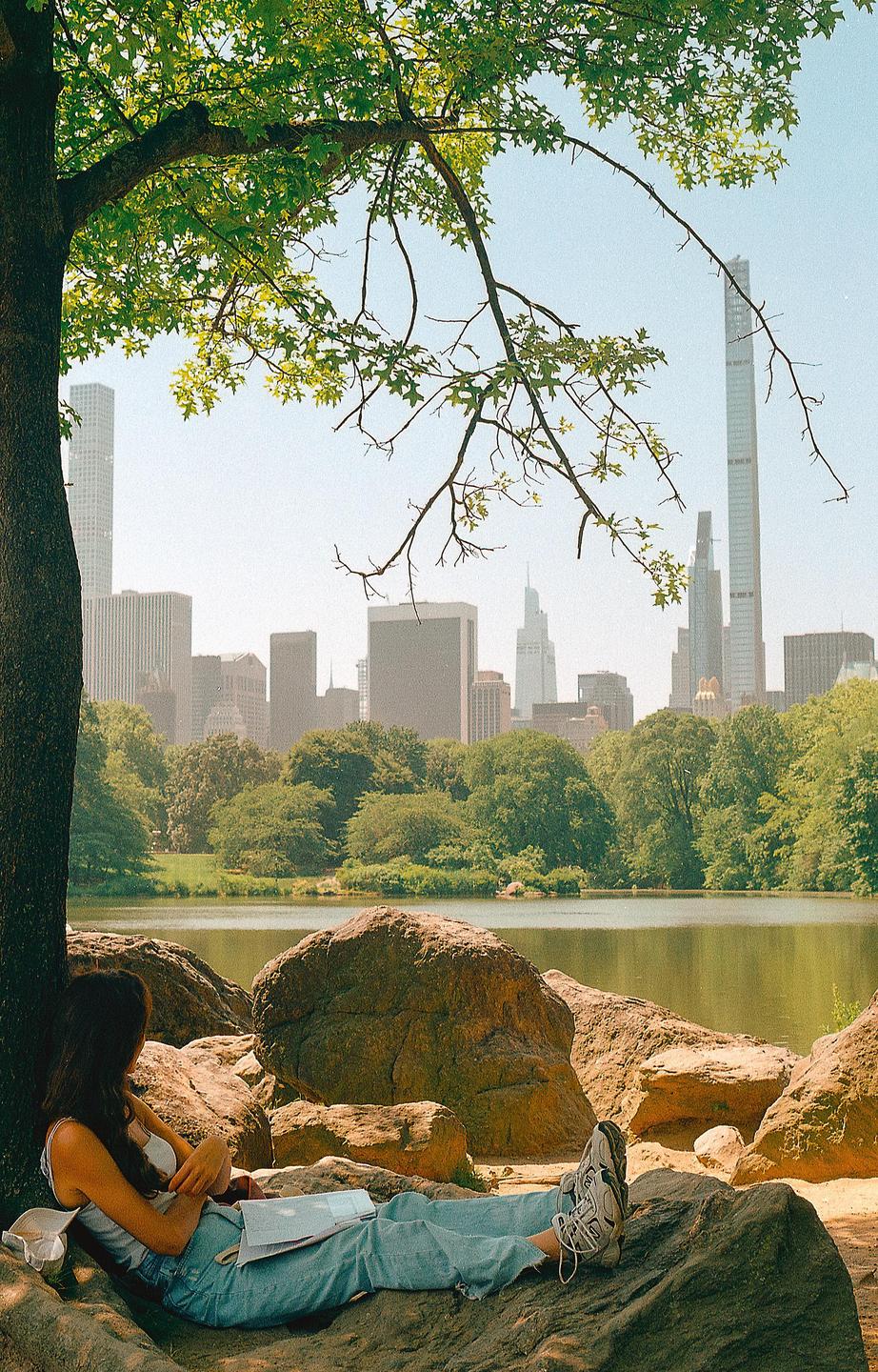 A woman reclines on a rock under a tree, looking out at a lake and the New York City skyline.