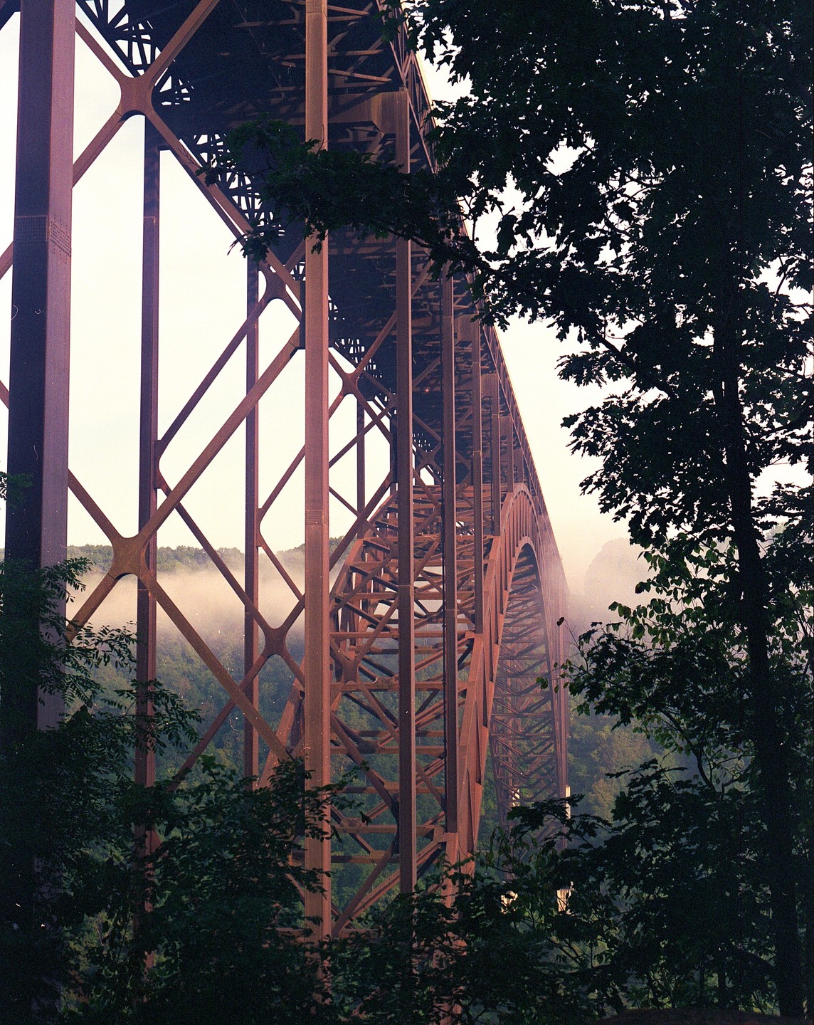 A large metal bridge spans a valley with trees and fog.