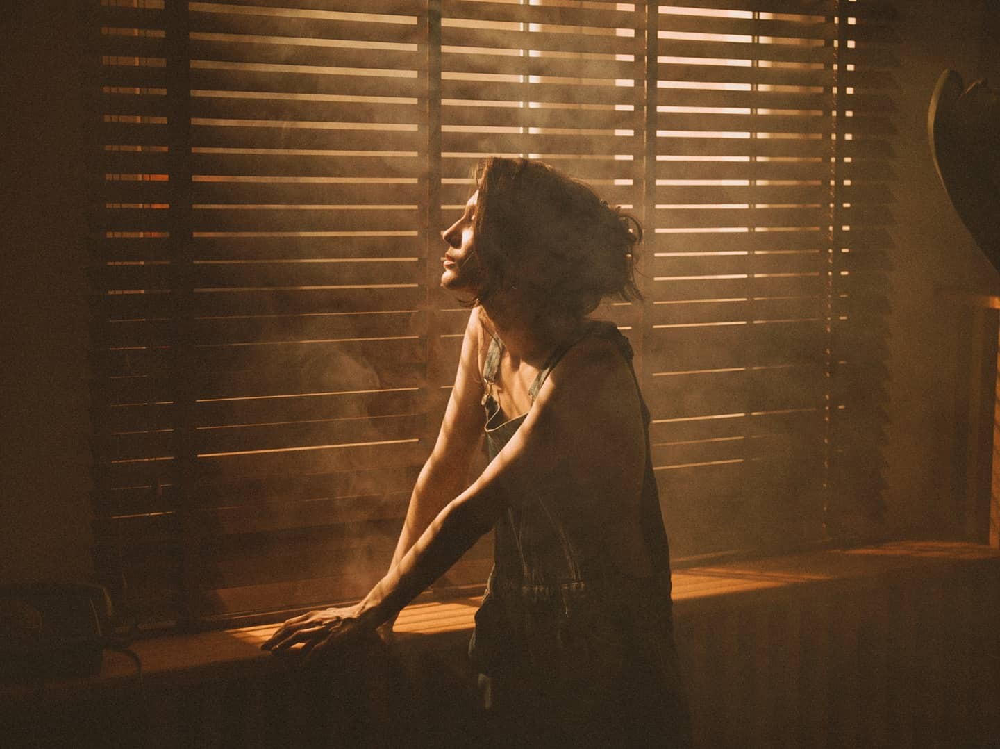 A woman in overalls leans on a window sill with light streaming through blinds, creating shadows and haze.