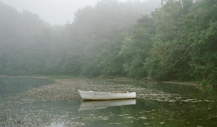 A white boat floats on a misty lake surrounded by trees.