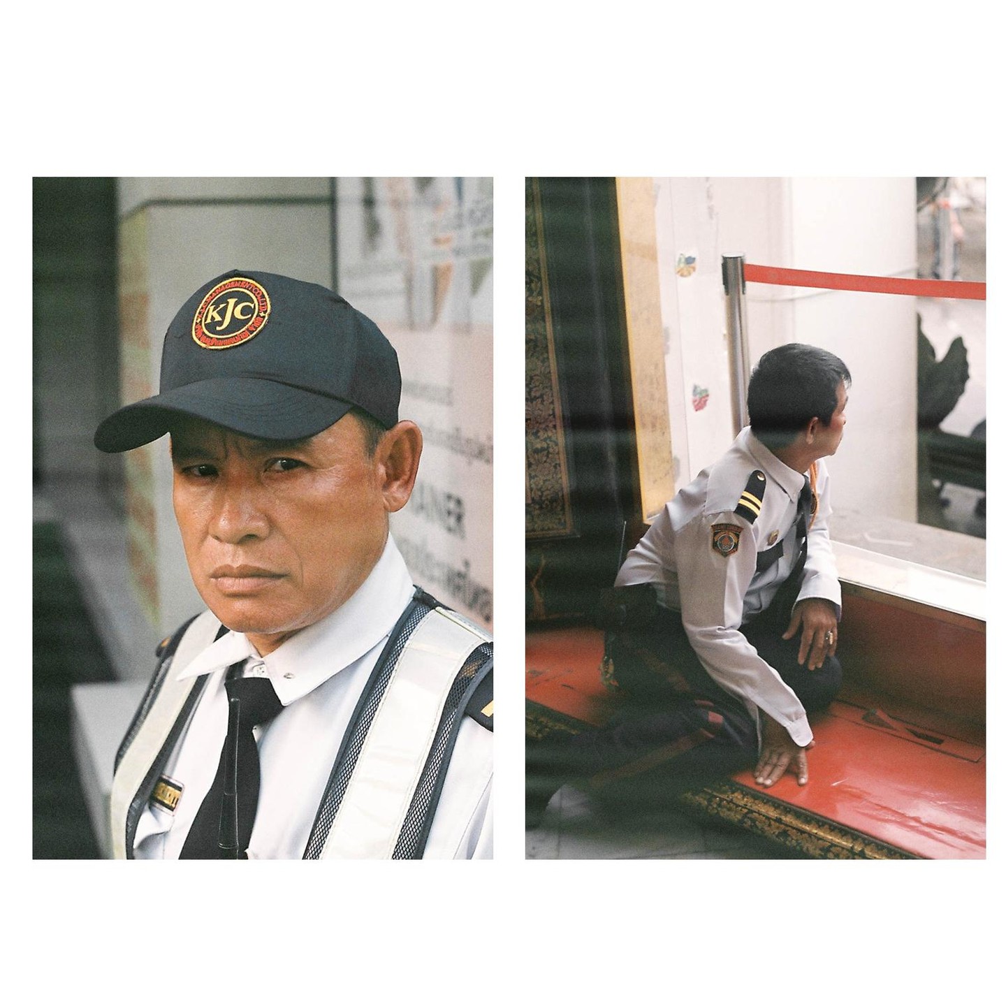 Two security guards are visible, one looking directly at the viewer and the other looking out a window.