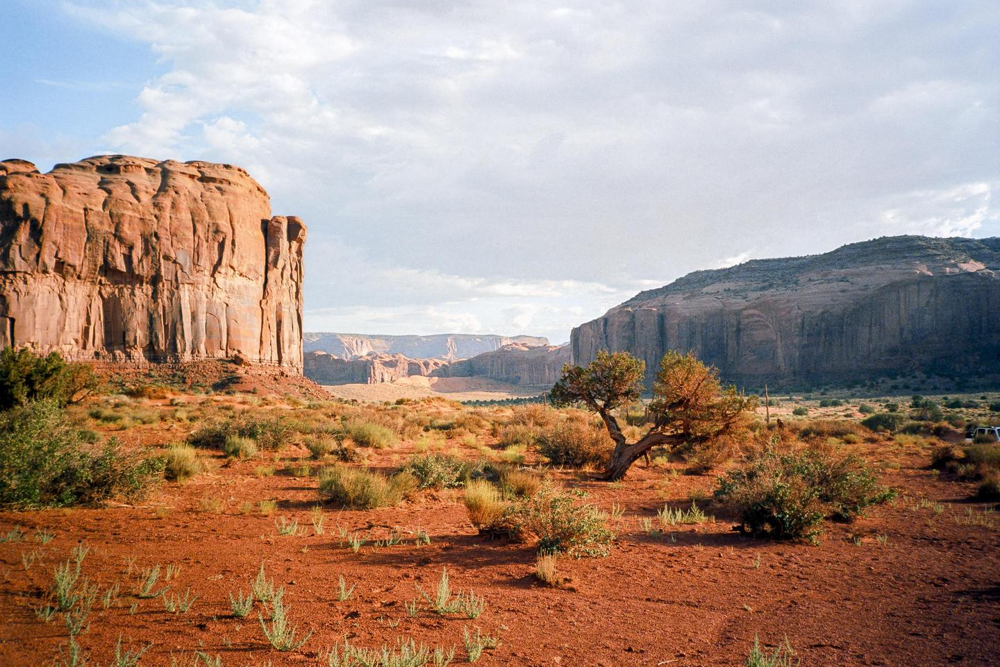 A desert landscape features red earth, green shrubs, and large rock formations under a cloudy sky.