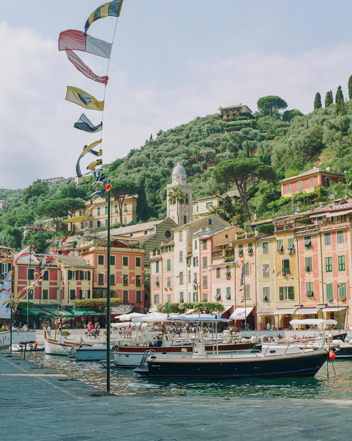 A harbor with boats is surrounded by colorful buildings and a lush green hillside.