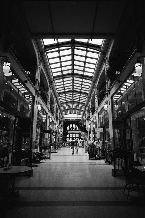 Two people walk down a long, narrow shopping arcade with a glass ceiling.