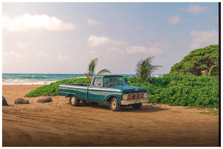 A green pickup truck is parked on a sandy beach next to the ocean with lush green foliage and palm trees.