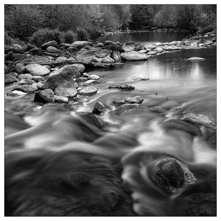 A black and white landscape shows a river flowing over rocks with trees and foliage on the far bank.