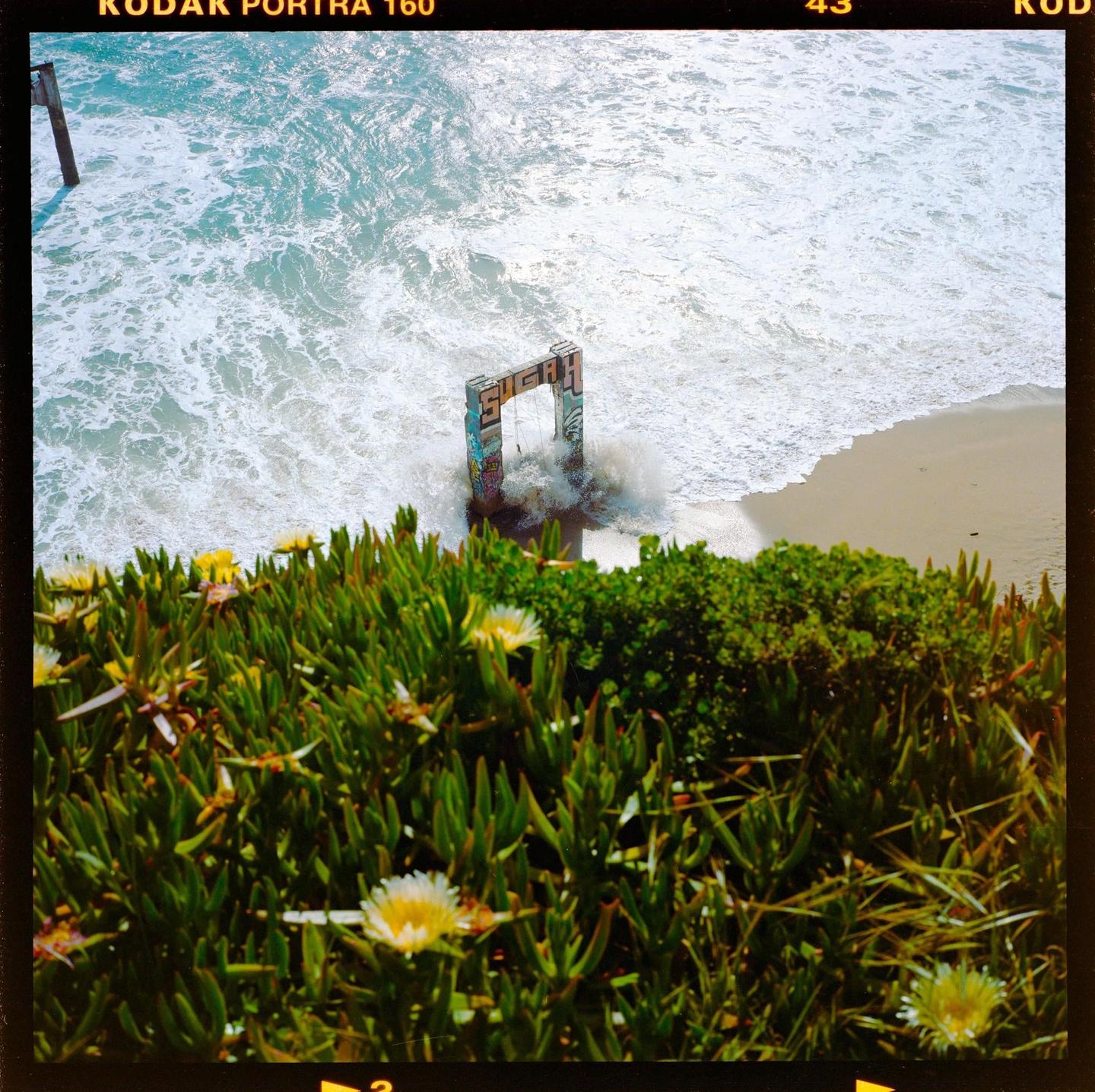 A cliffside view shows a concrete structure with graffiti being hit by waves on a sandy beach, with green plants and yellow flowers in the foreground.