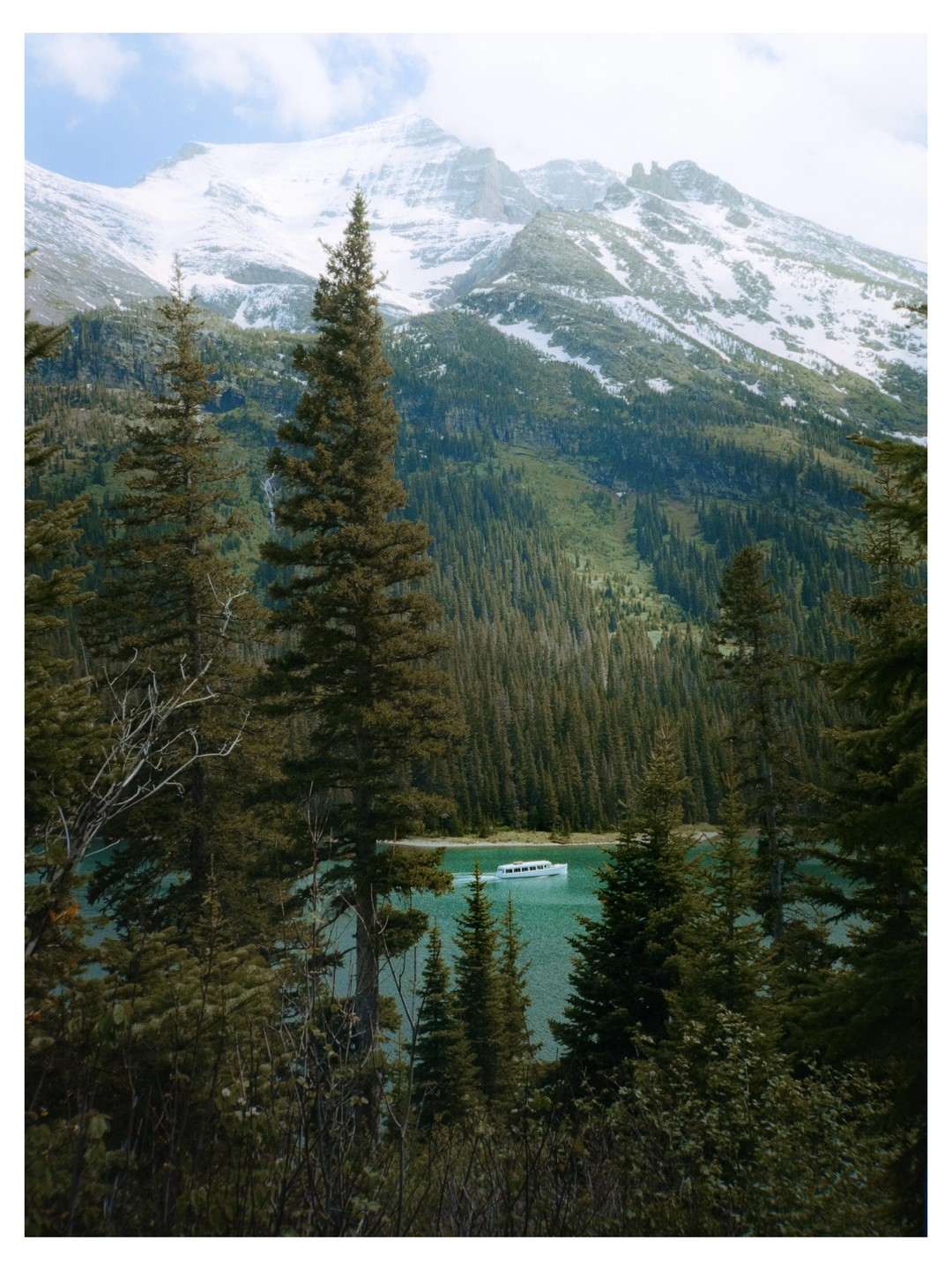 A white boat floats on a turquoise lake surrounded by pine trees and snow-capped mountains.