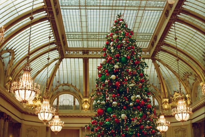A large Christmas tree decorated with red, green, and white ornaments stands in a grand hall with chandeliers and a glass ceiling.
