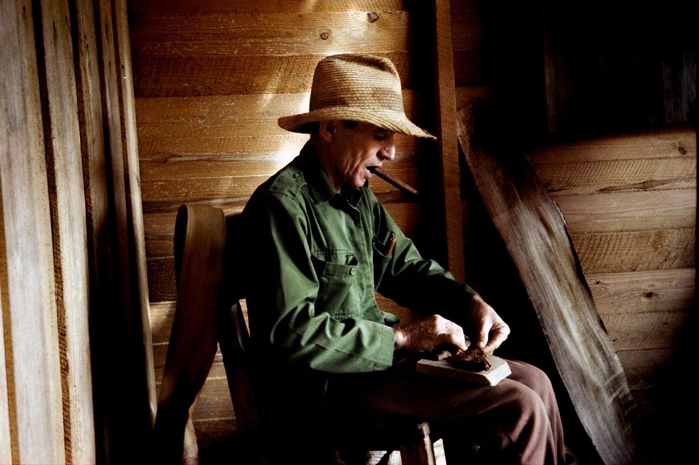 A man wearing a straw hat and green shirt sits on a wooden chair, holding a cigar in his mouth and working with tobacco leaves.