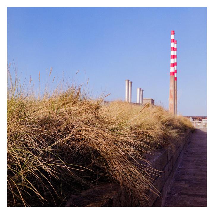 Tall red and white striped chimneys rise above a wall covered in dry grass.