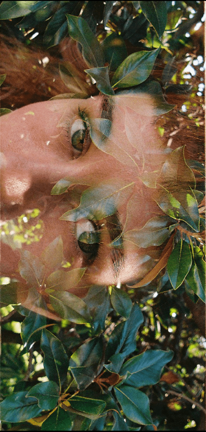 A woman's face is visible through a layer of green leaves in a double exposure.
