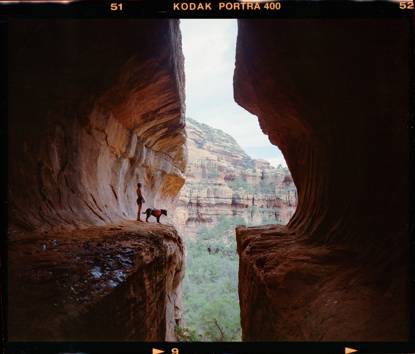 A man and his dog stand on a narrow ledge inside a large rock formation, looking out at a canyon.