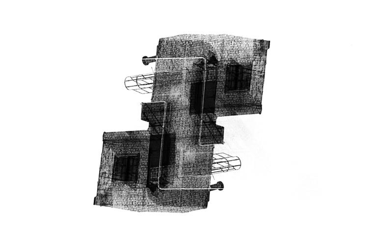 A black and white image shows a double exposure of a brick building with fire escapes and windows.