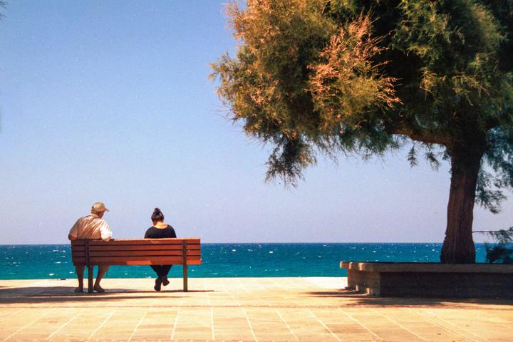 A couple sits on a bench facing the sea under a tree.