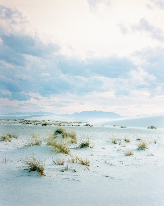 A landscape of white sand dunes with sparse vegetation under a cloudy sky.