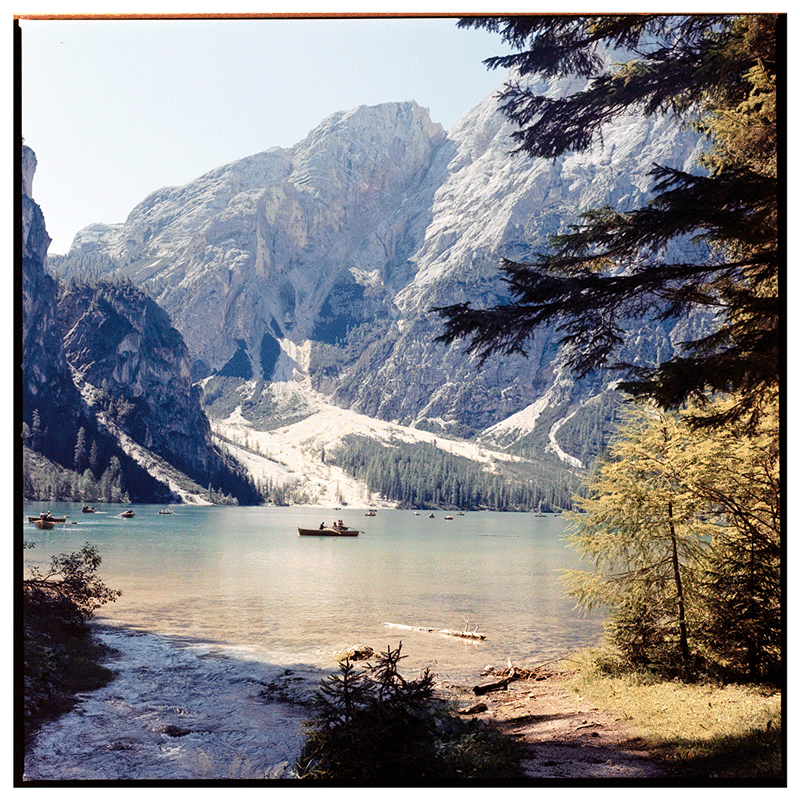 A lake with many small boats is surrounded by mountains and pine trees.