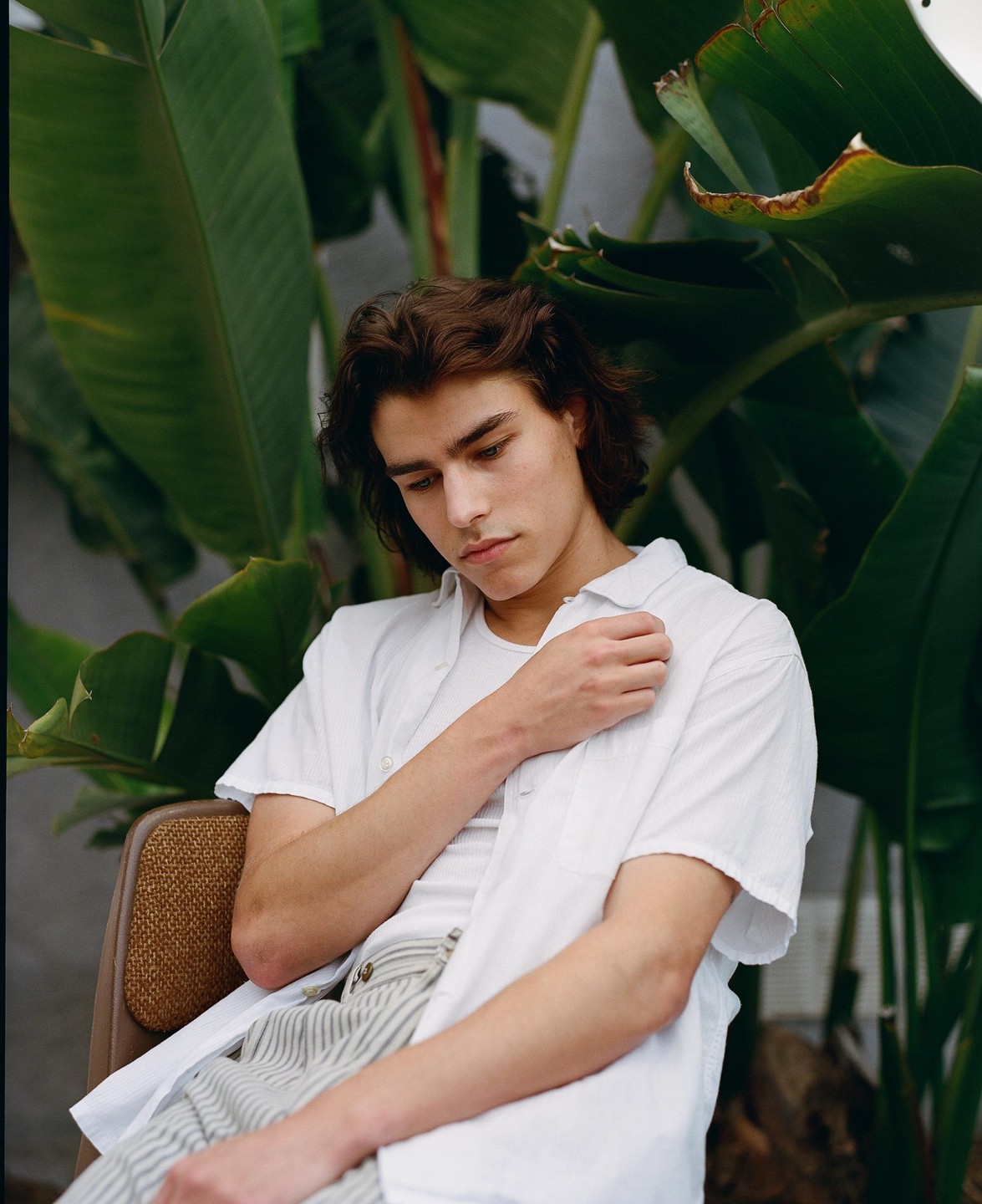 A young man with long hair sits in a chair in front of large green leaves.