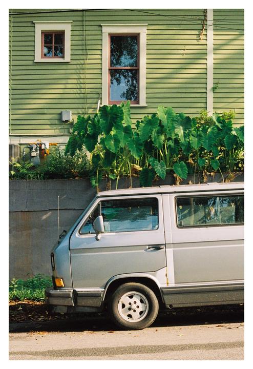 A silver van is parked next to a green house with large-leafed plants growing in front of it.