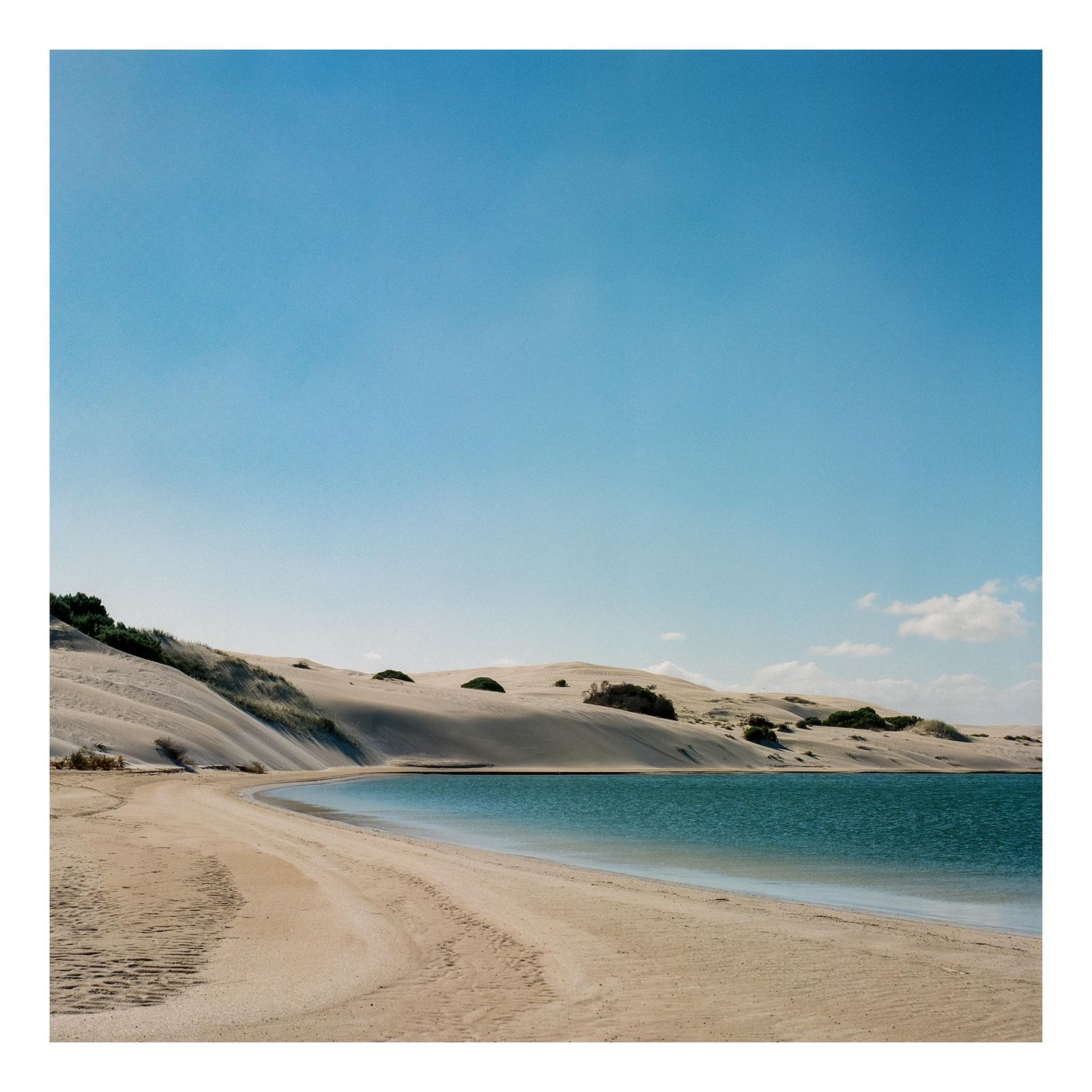 A body of water curves around a sandy beach with dunes and sparse vegetation under a clear sky.
