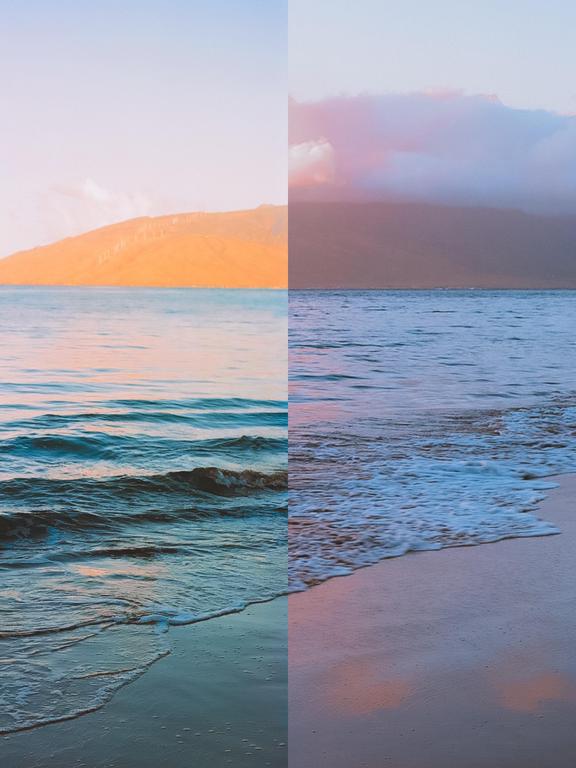 A split image shows a body of water with a mountain in the background on the left, and a beach with waves and a mountain in the background on the right.