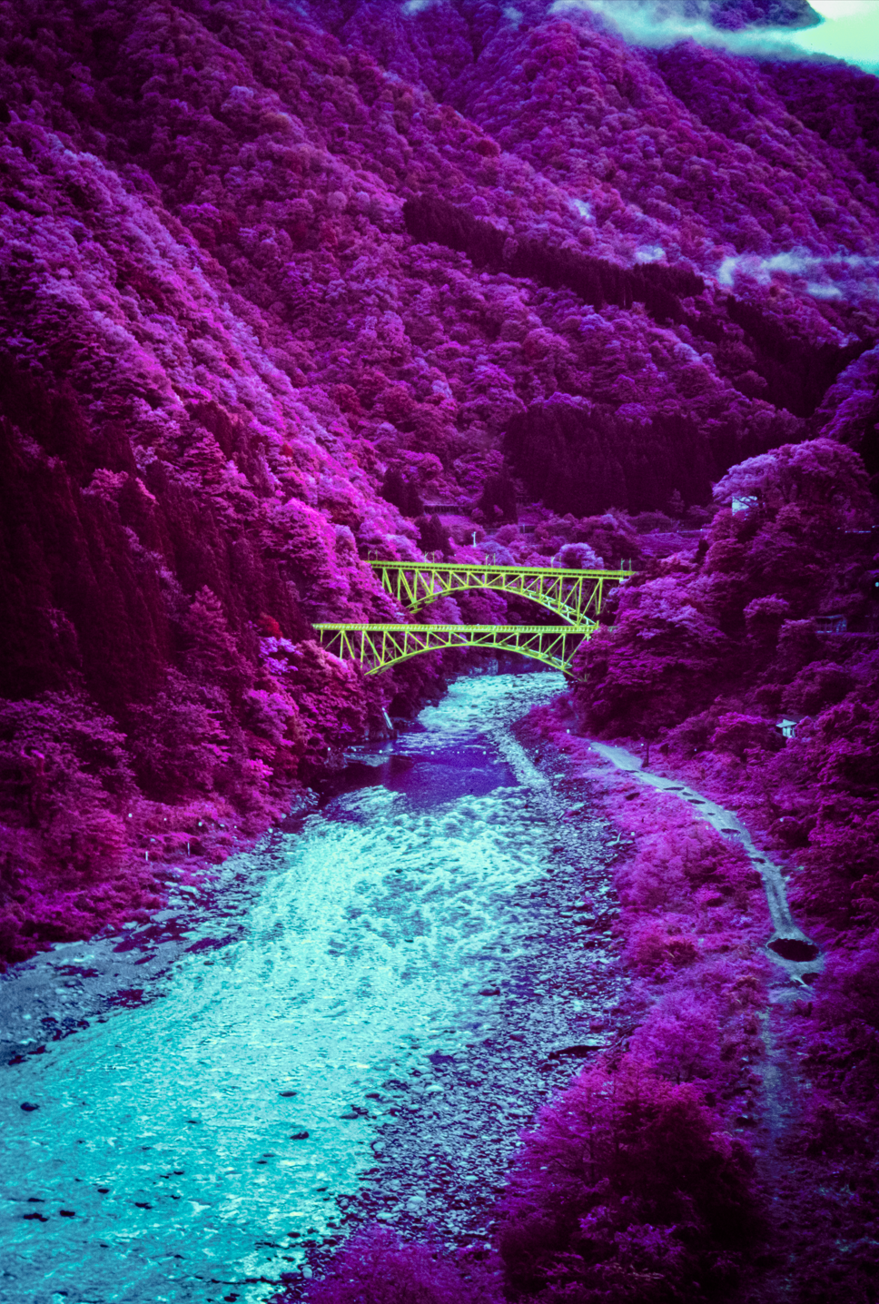 A neon green bridge crosses a river with turquoise water, surrounded by mountains covered in magenta foliage.