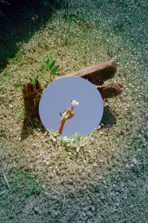 A hand holding a white flower is reflected in a round mirror placed on a patch of green grass.