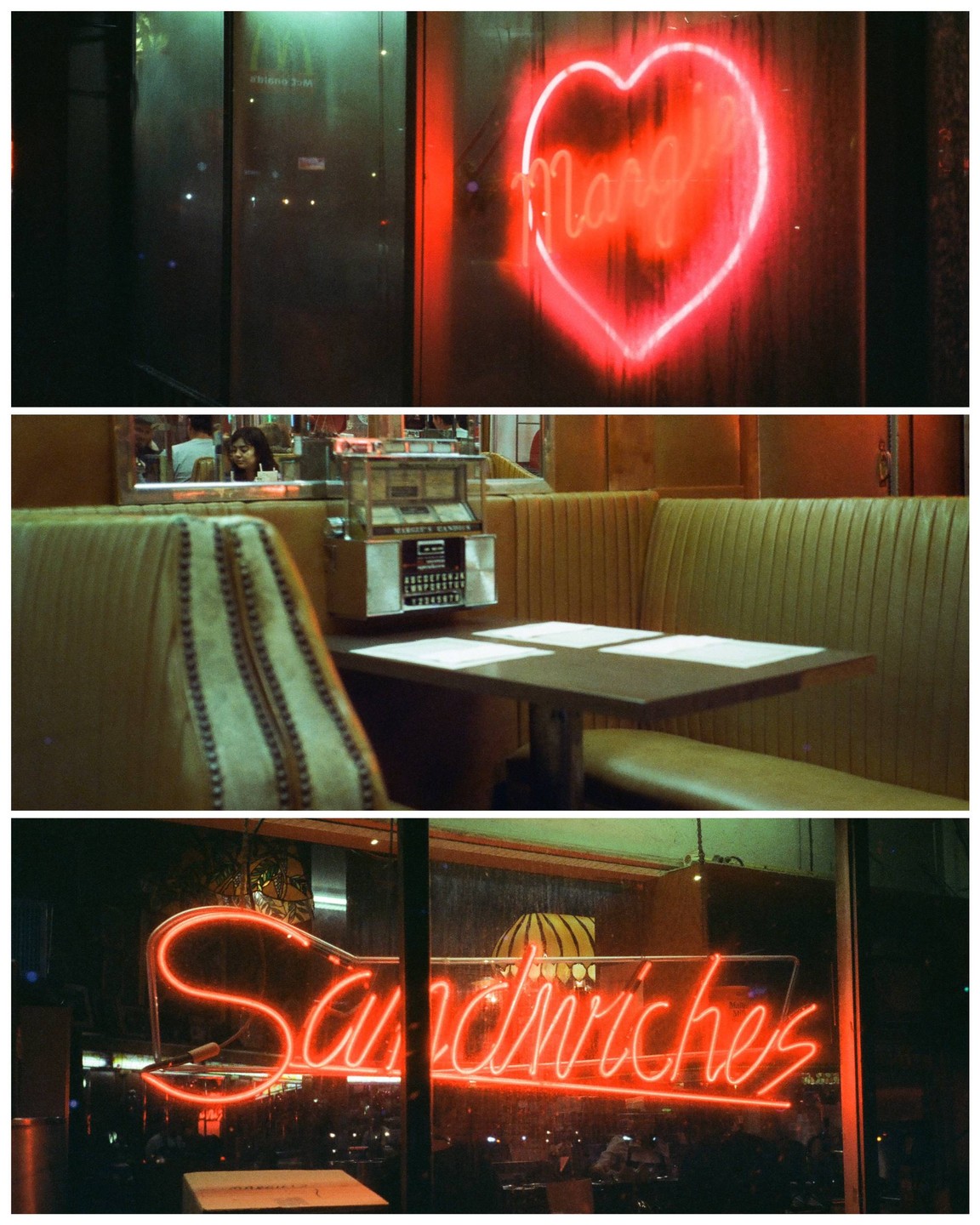 A neon heart sign with the name "Margie" is visible above a diner booth with a jukebox and a neon sign that reads "Sandwiches."